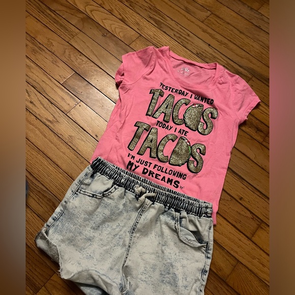Justice 💕 Girls Taco 🌮 Tee Size 12 Hot Pink Neon Glitter T. Shirt - Picture 8 of 10